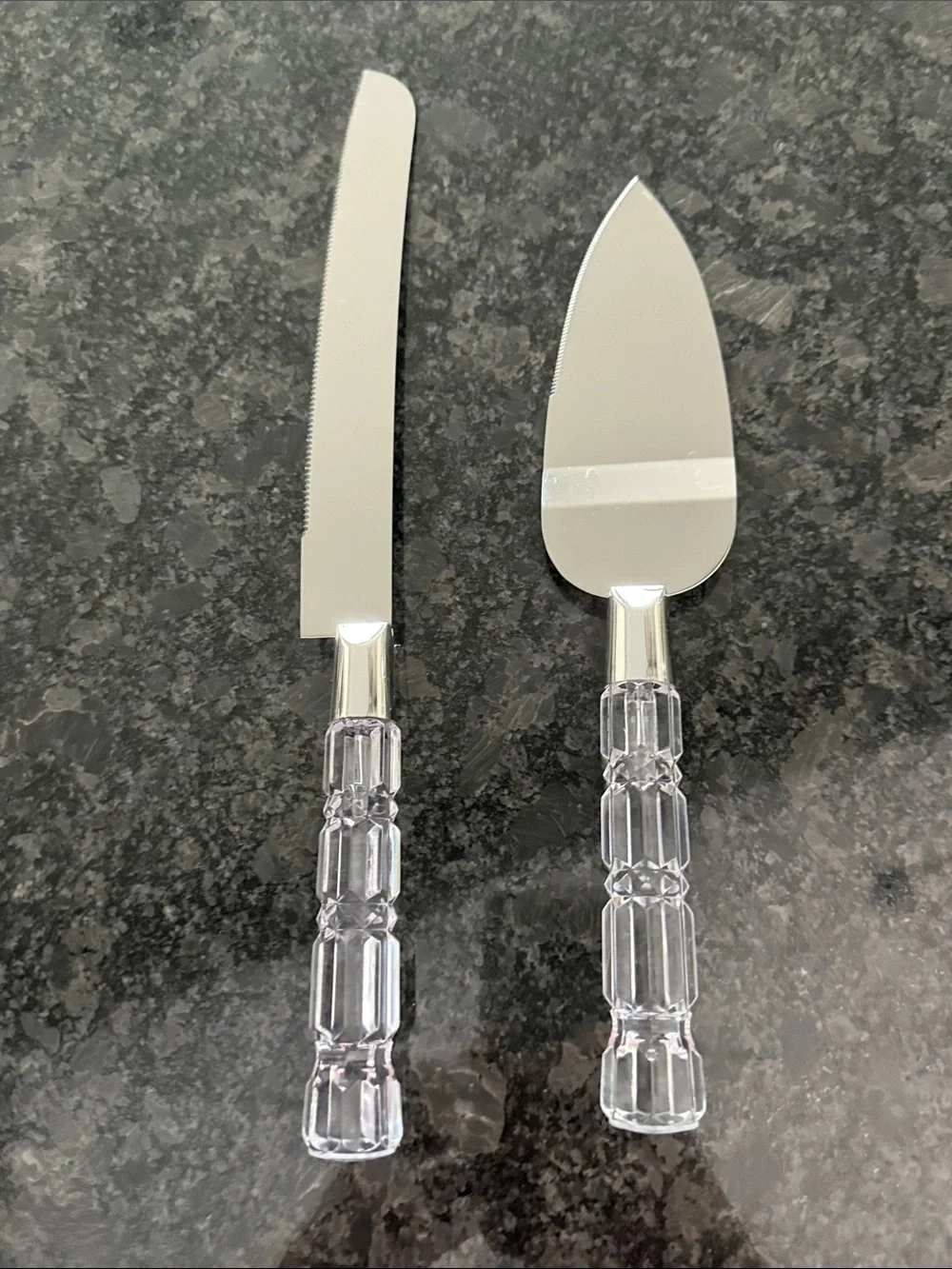 Vintage Clear Lucite Handle Stainless Steel Bread & Serving Knife Set